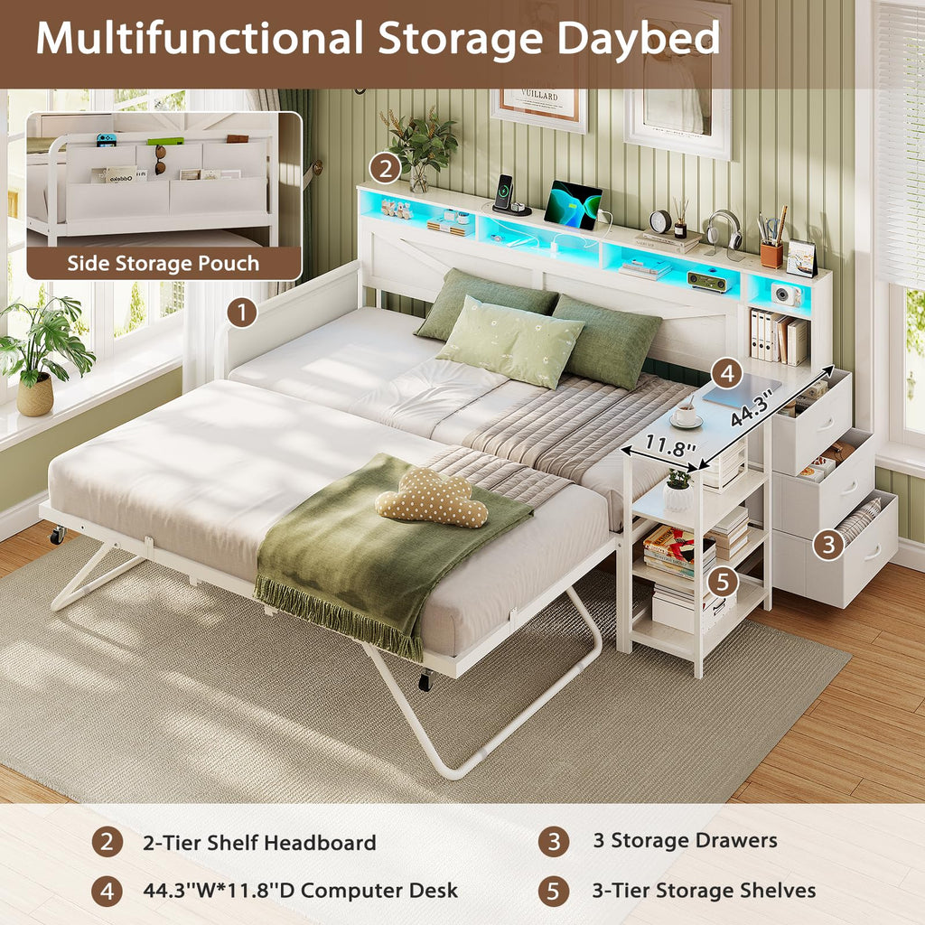 White Twin Wood Daybed with Trundle and 3 Storage Drawers W594