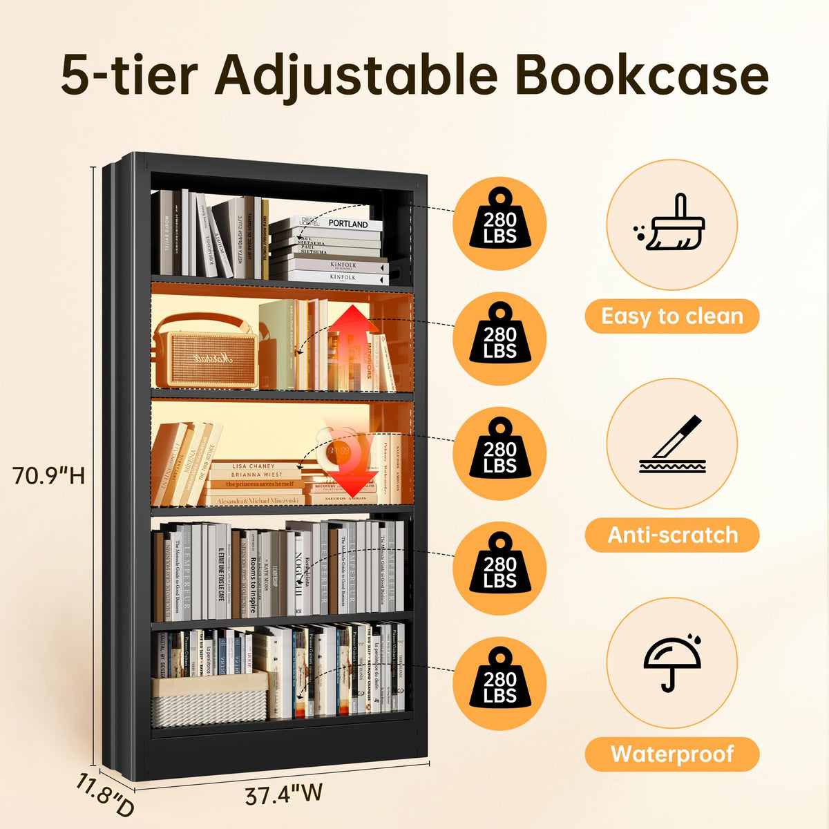 Black 5-Tier Metal Bookcase with Adjustable Shelves G339