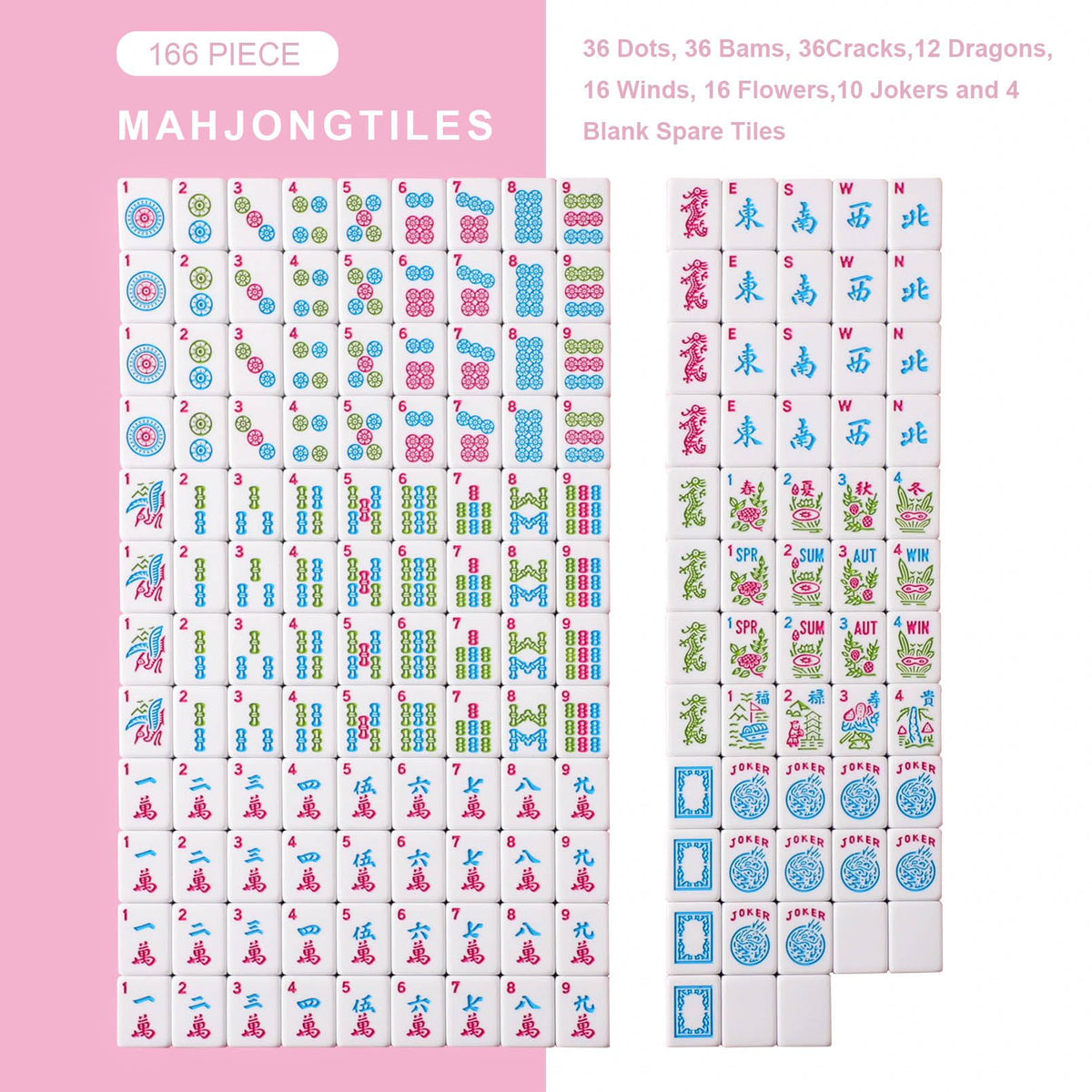 166 Pink Tiles Mahjong Set with 4 Clear Racks and Bag L703269
