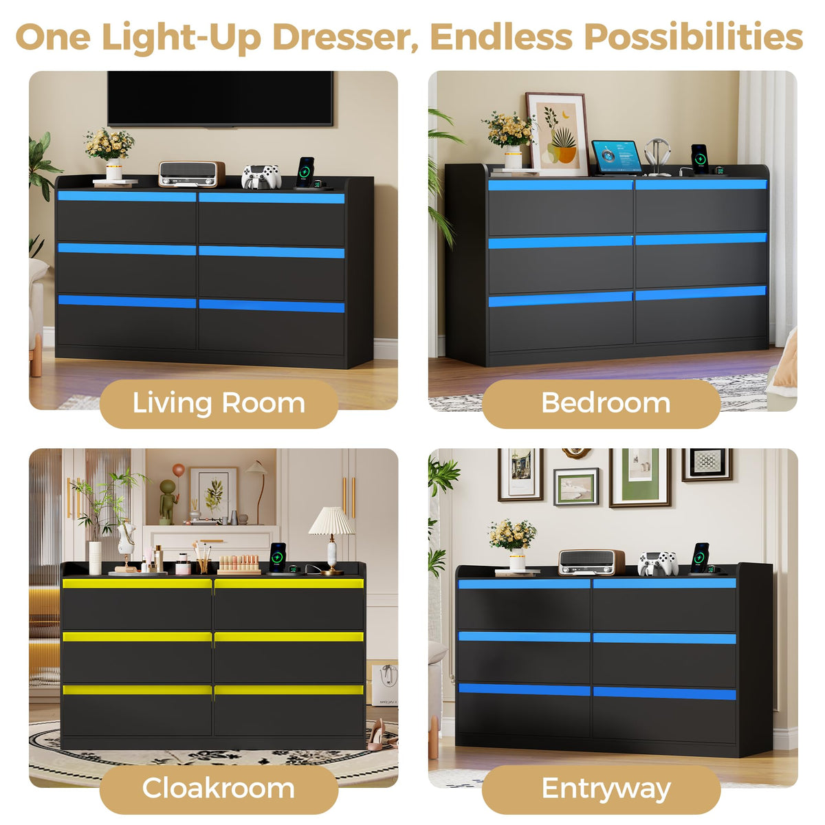 Black Dresser with Power Outlet and LED Lights I674