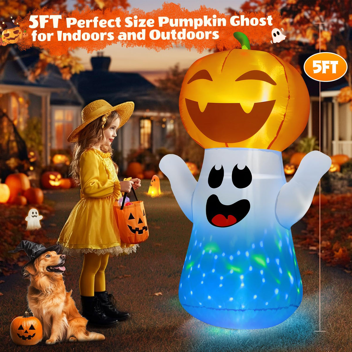 5FT Halloween Inflatables Pumpkin Ghost Built-in 3-Pattern Colorful Flashing Light T480635