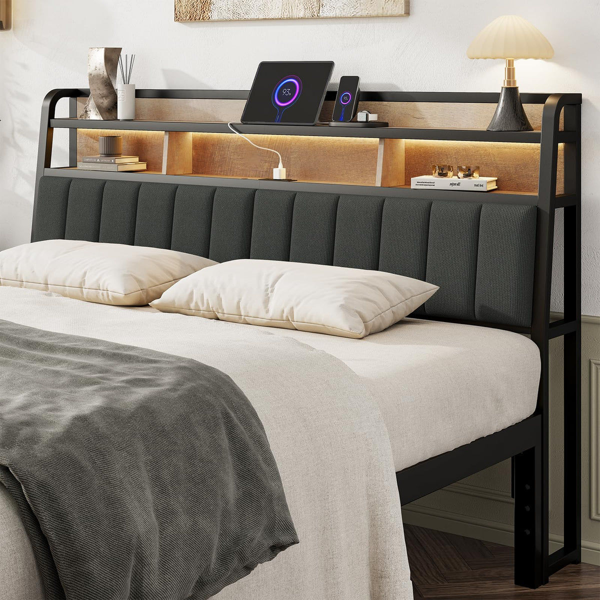 King Headboard with Storage and Charging Station R9432