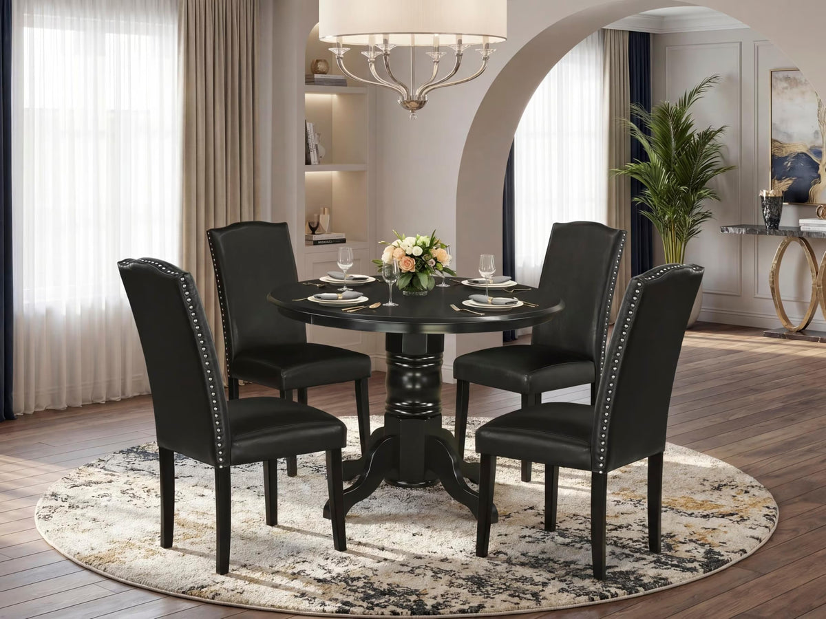 5 Piece Round Dining Table Set with 4 Black Faux Leather Chairs Y741827