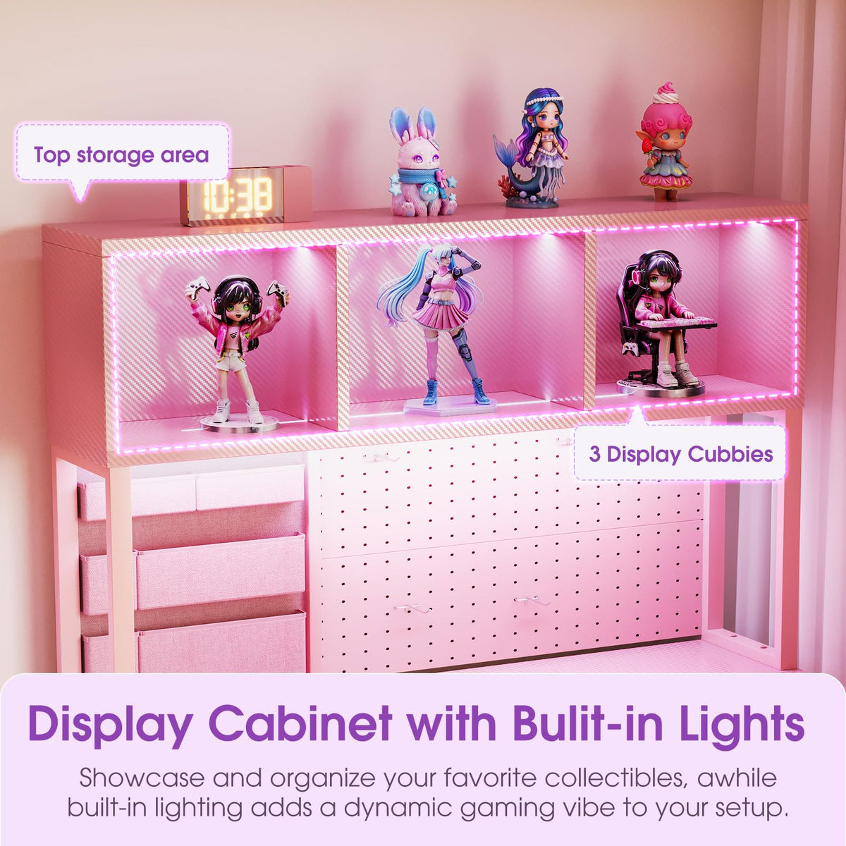 53" L Shaped Gaming Desk with Pegboard, Hutch & 4 Drawers, Pink E47827
