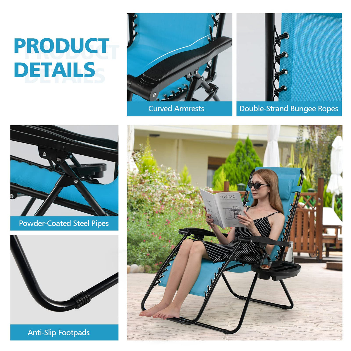 Blue Folding Reclining Lounge Chair with Side Tray P88642