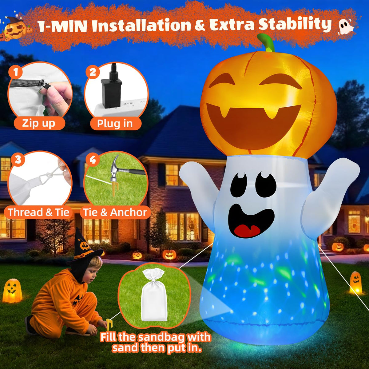 5FT Halloween Inflatables Pumpkin Ghost Built-in 3-Pattern Colorful Flashing Light T480635