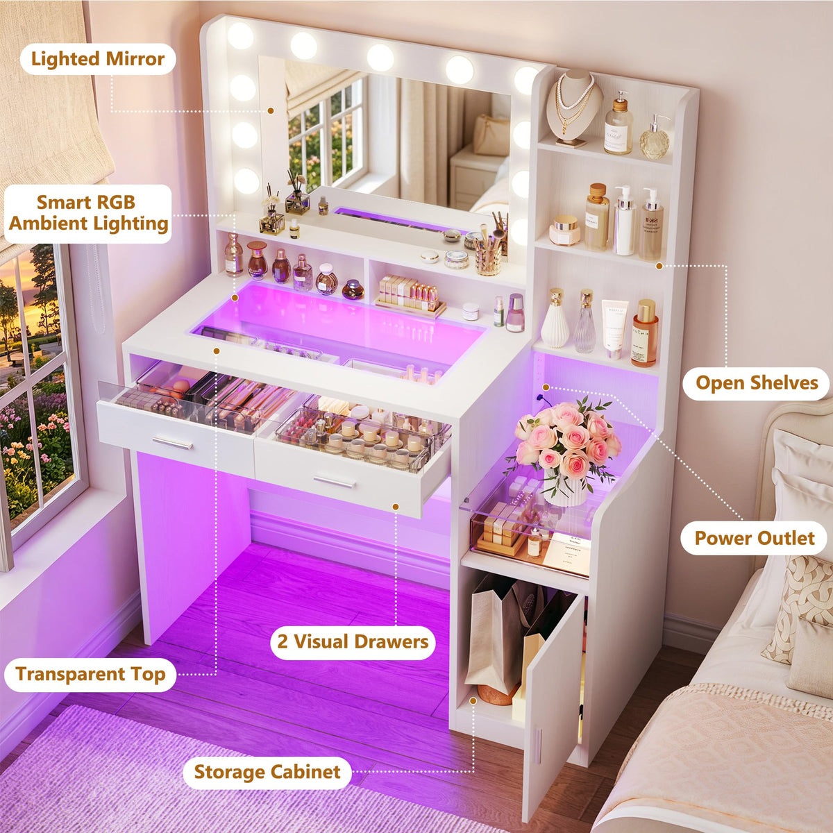 White Vanity Desk with Mirror and Lights I586987