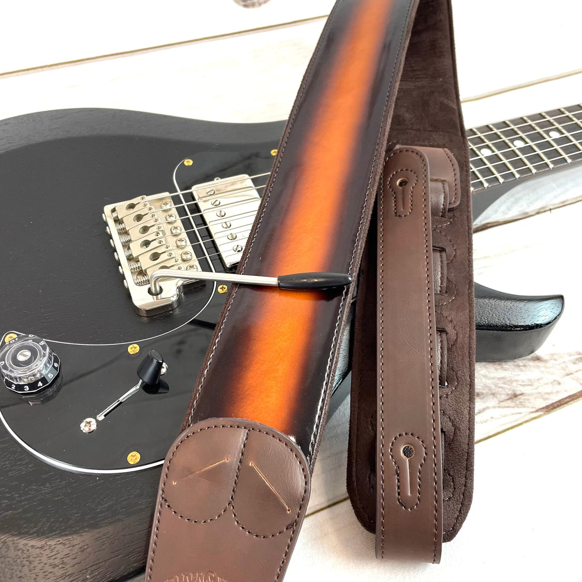 Sunburst Finish Guitar Strap with Pick Pockets & Padded Velour Back T20490