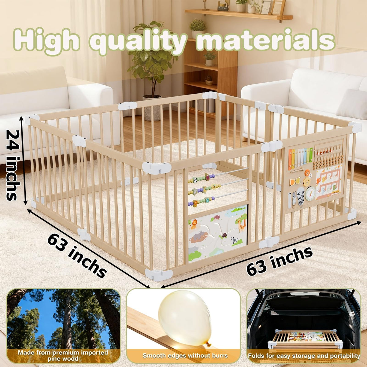 Foldable Wooden Baby Playpen with Toy Set E3185