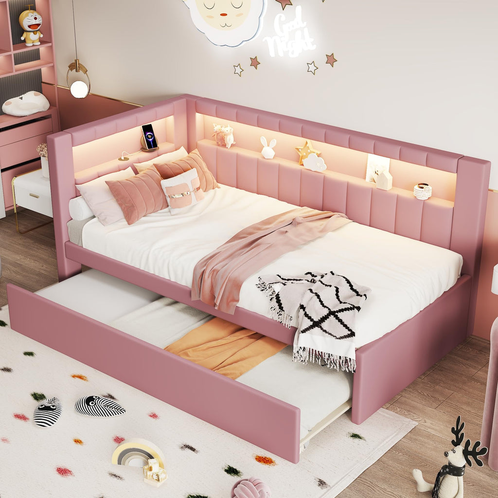Twin Size Upholstered Platform Bed with Trundle and USB Ports Q94101