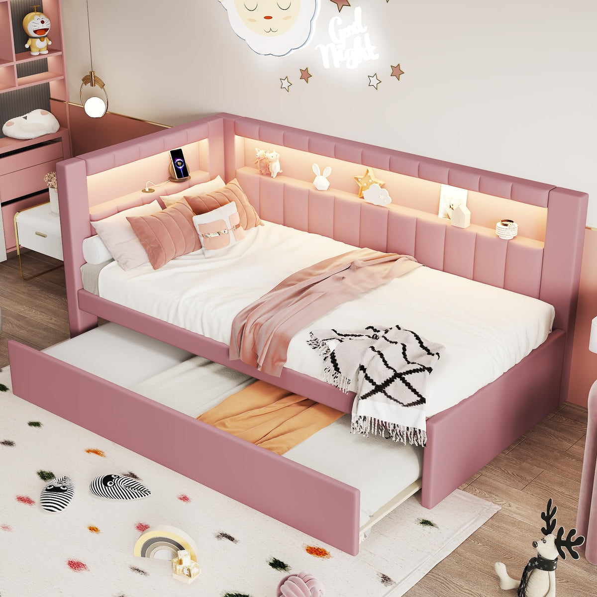 Twin Size Upholstered Platform Bed with Trundle and USB Ports Q94101