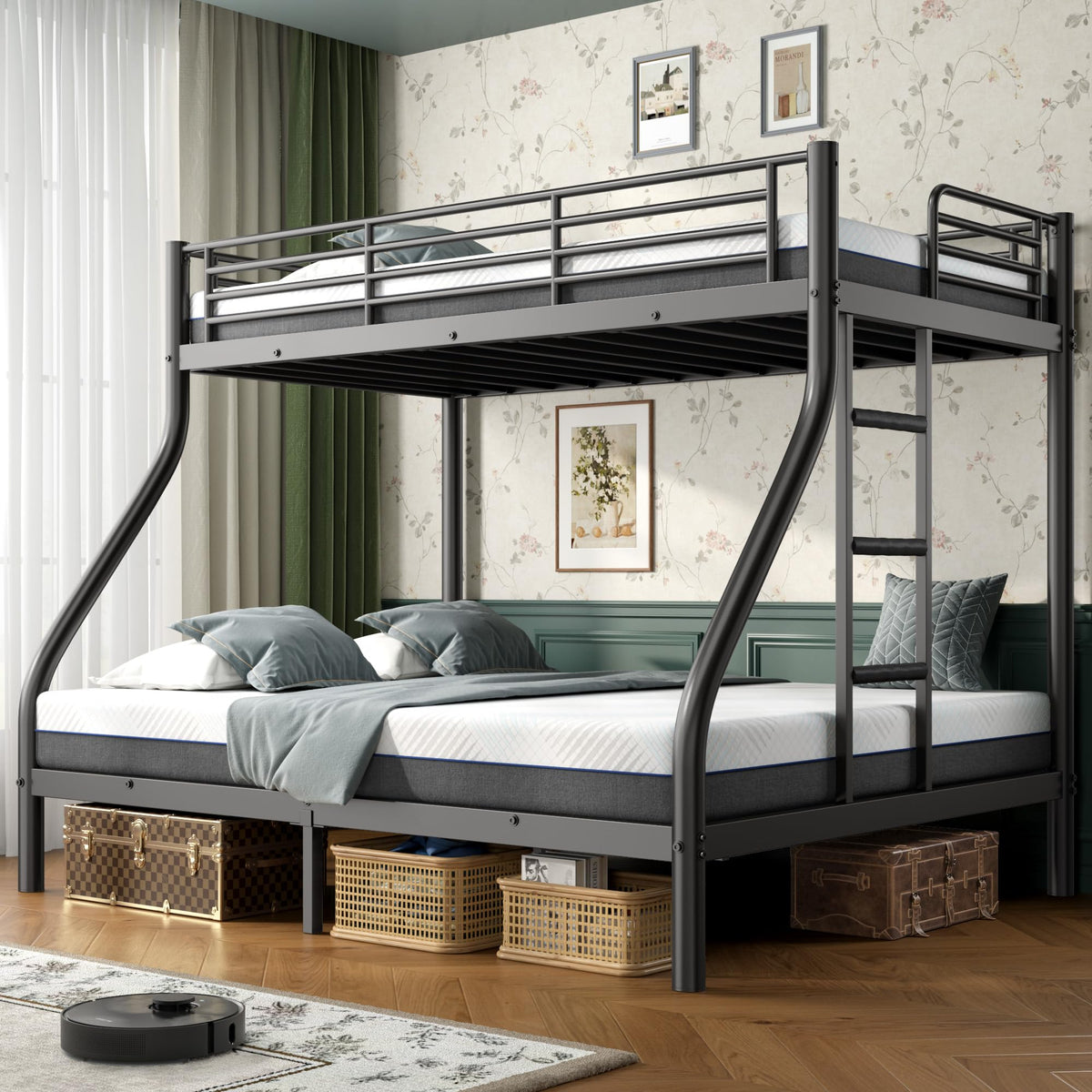 Twin XL Over Full Bunk Bed with Mattresses, Black Q3365