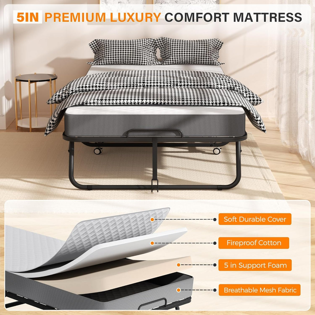 Foldable Single Bed with 5" Memory Foam Mattress and Wheels O96149