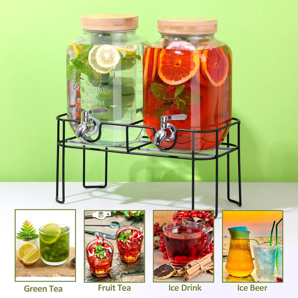 2 Pack 1 Gallon Glass Drink Dispenser with Bamboo Lid H93914