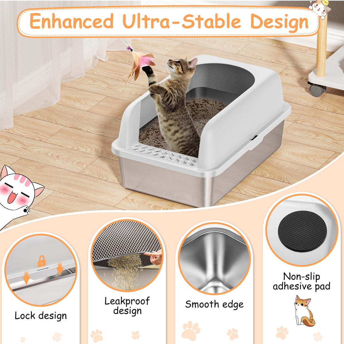 Stainless Steel Extra Large Enclosed Cat Litter Box with Lid and Mat W18600