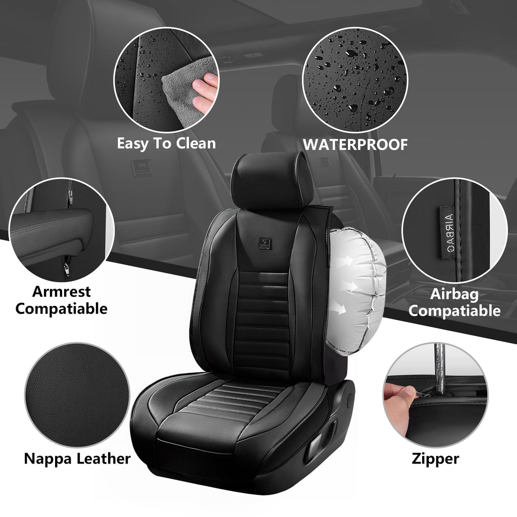 Nappa Leather Car Seat Covers Full Set, Waterproof Anti-Slip, Black E936