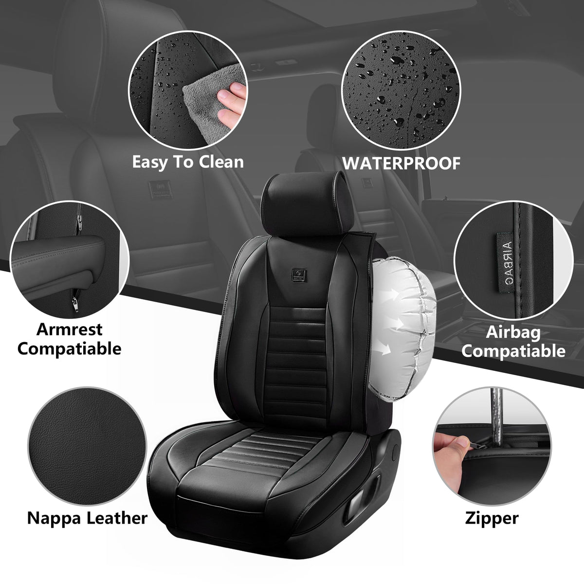 Nappa Leather Car Seat Covers Full Set, Waterproof Anti-Slip, Black E936