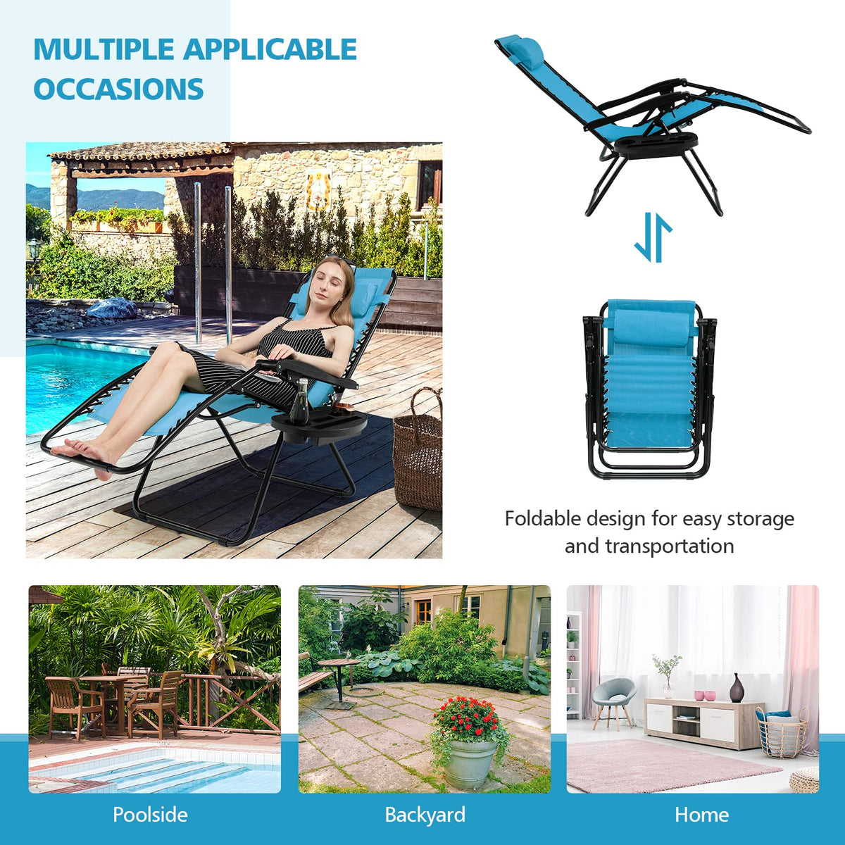 Blue Folding Reclining Lounge Chair with Side Tray P88642