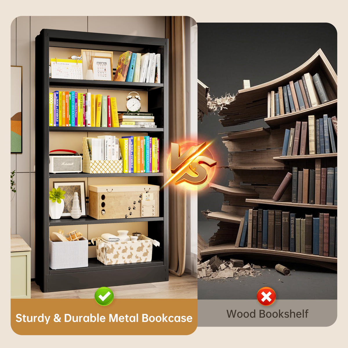Black 5-Tier Metal Bookcase with Adjustable Shelves G339