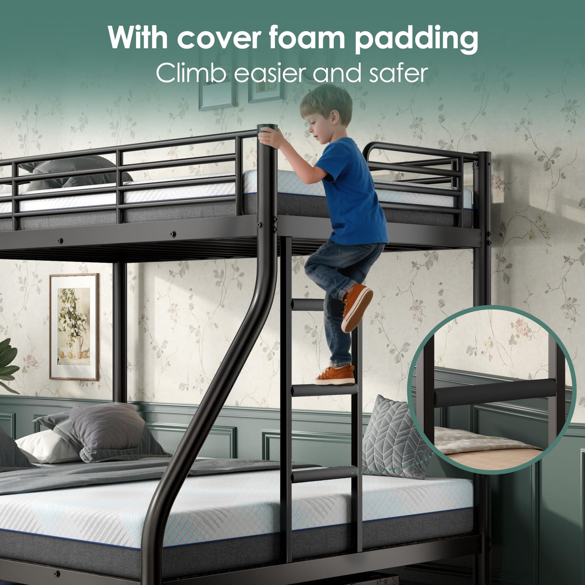Twin XL Over Full Bunk Bed with Mattresses, Black Q3365