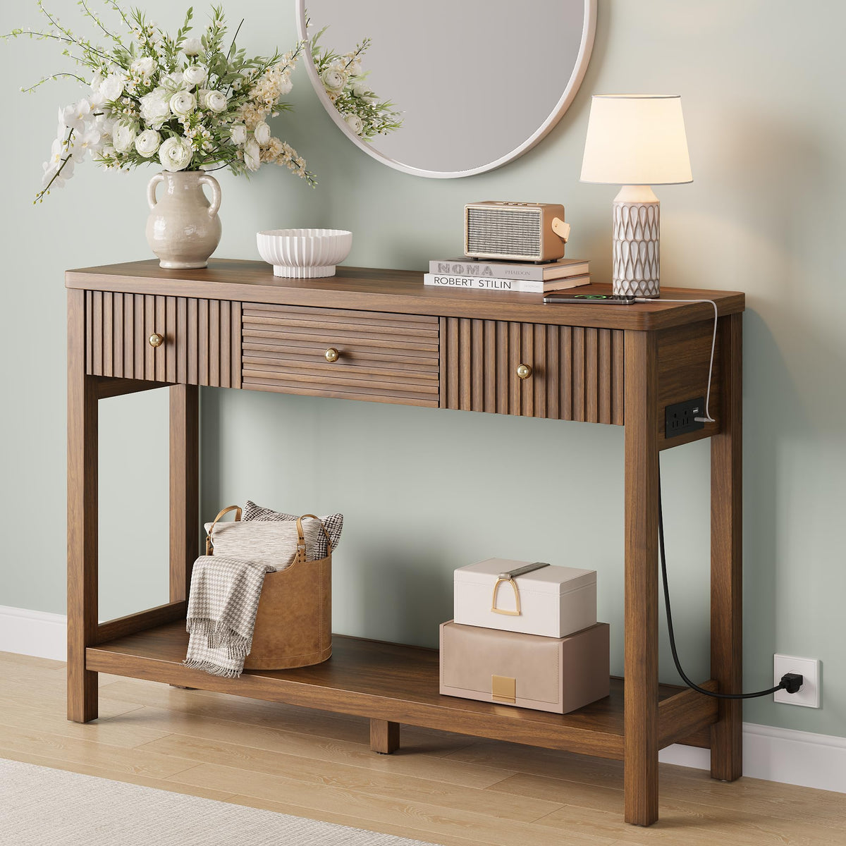 47'' Fluted Console Table with Charging Station & 3 Drawers N8486