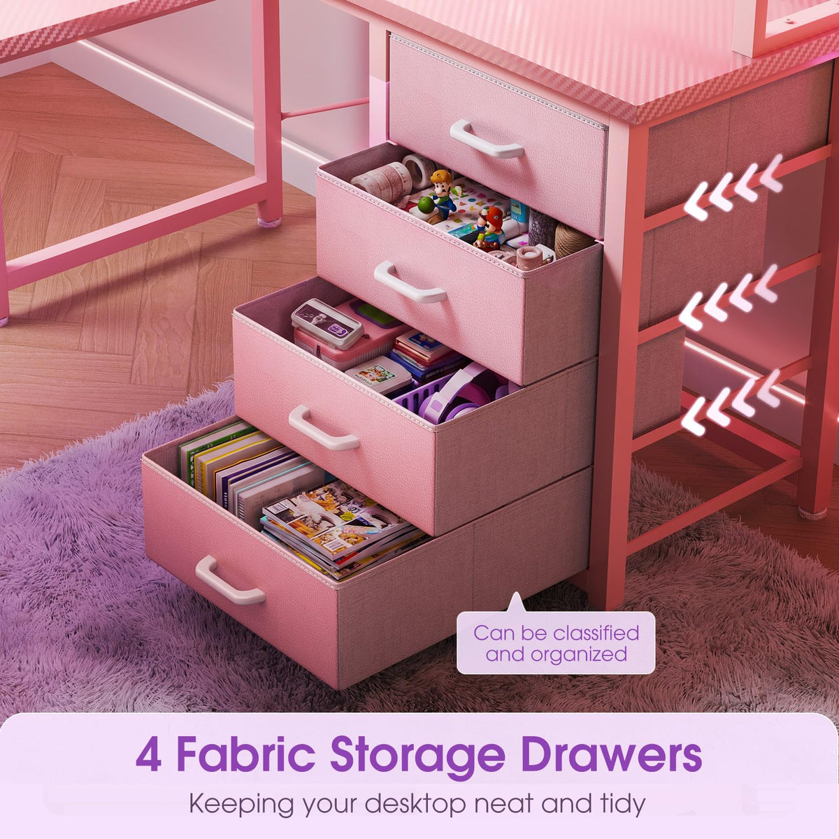 53" L Shaped Gaming Desk with Pegboard, Hutch & 4 Drawers, Pink E47827