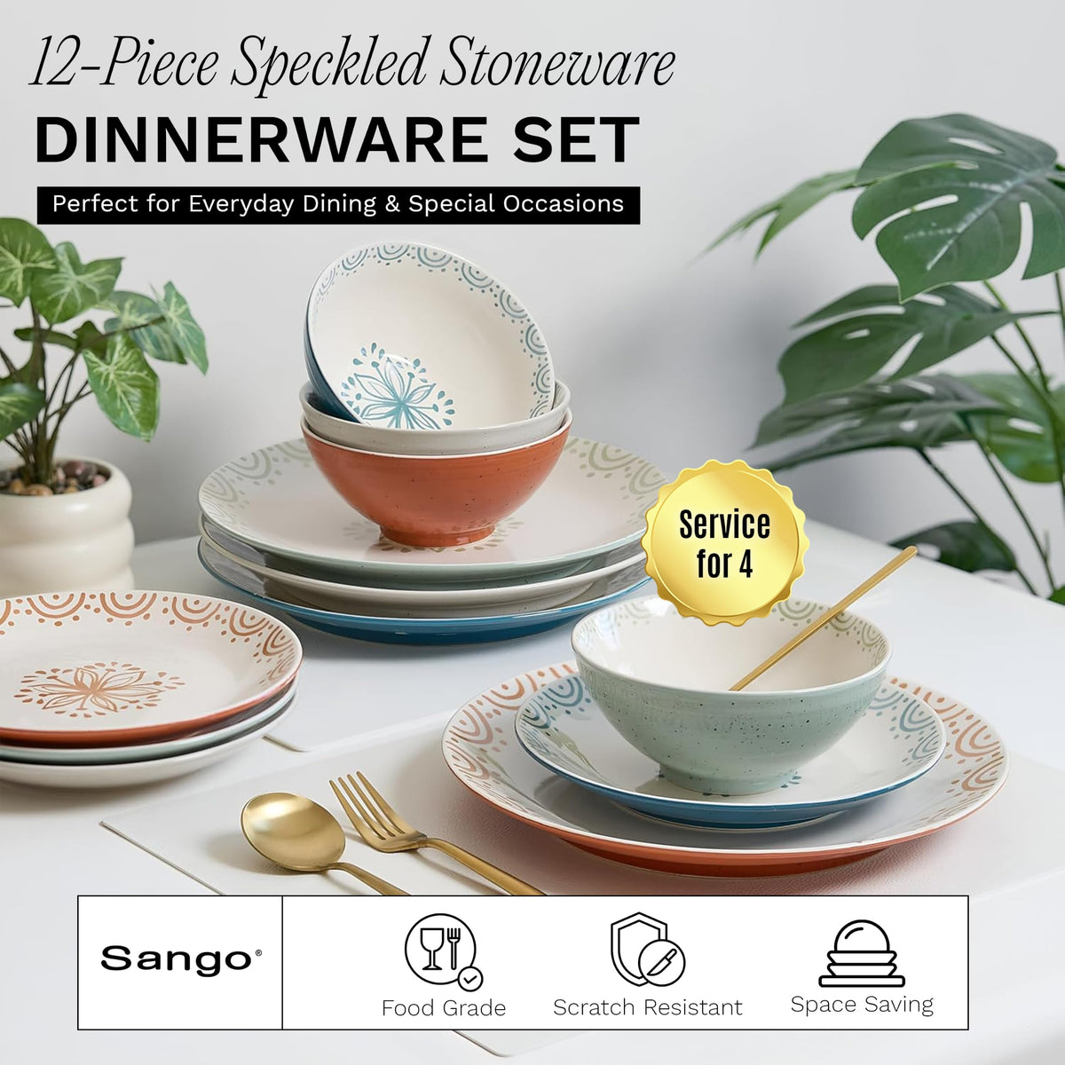 12-Piece Speckled Stoneware Dinnerware Set for 4 L20565