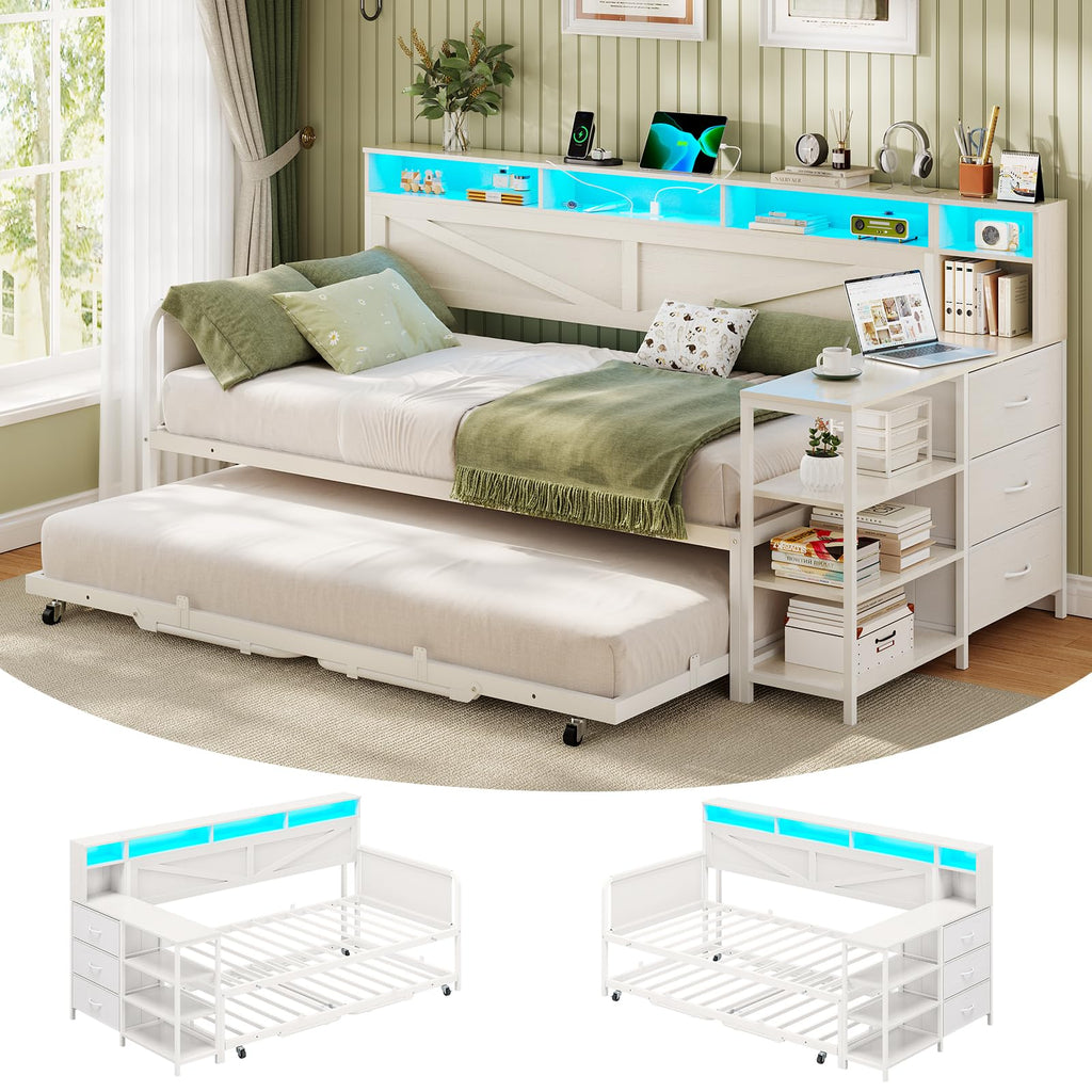 White Twin Wood Daybed with Trundle and 3 Storage Drawers W594