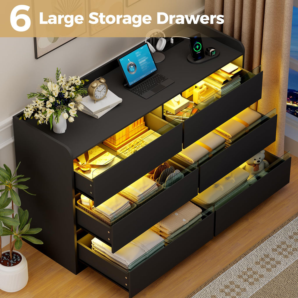 Black Dresser with Power Outlet and LED Lights I674