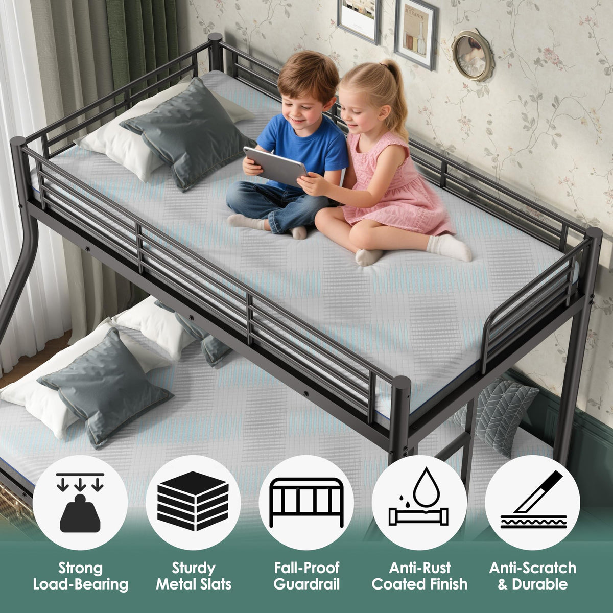 Twin XL Over Full Bunk Bed with Mattresses, Black Q3365