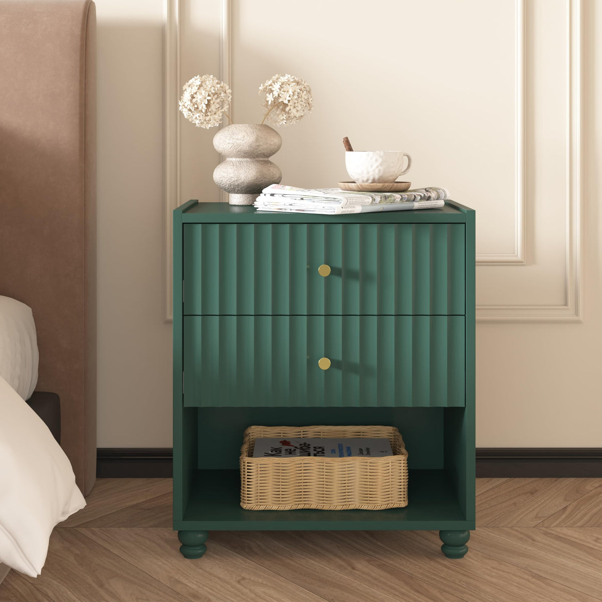 Green 2 Drawer Nightstand with Open Shelf V98071