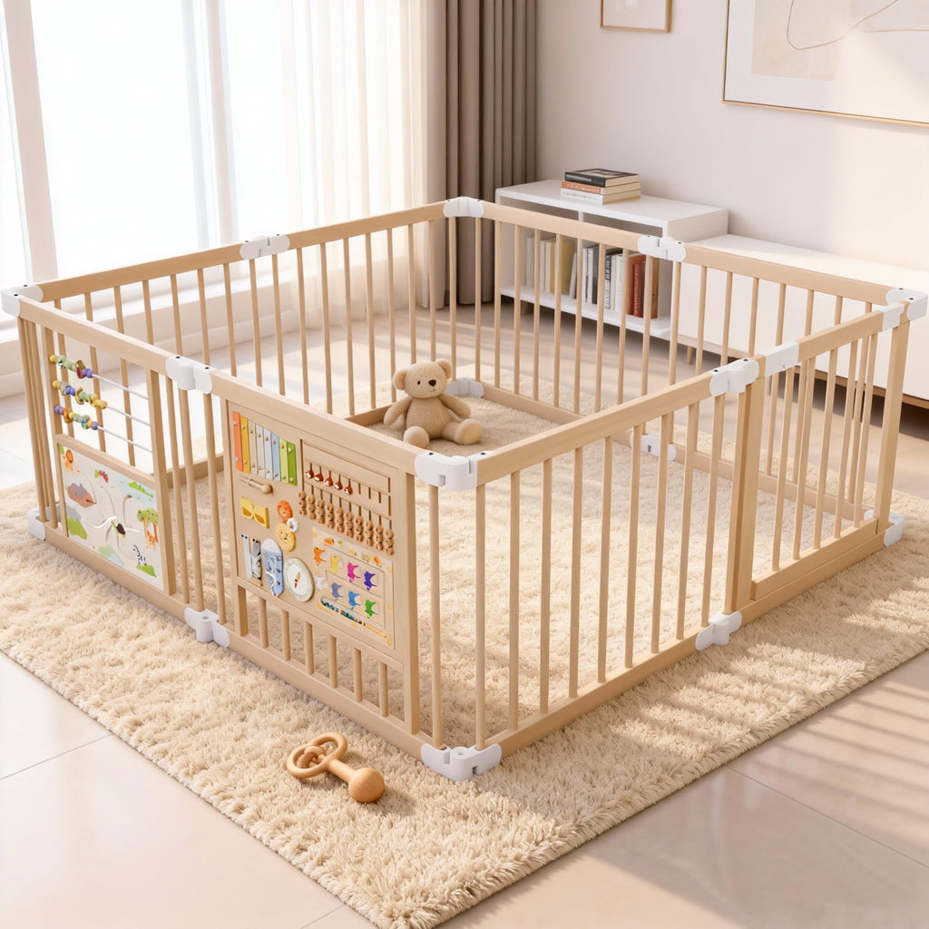 Foldable Wooden Baby Playpen with Toy Set E3185
