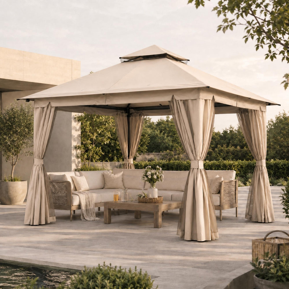 10'x10' Heavy Duty Metal Outdoor Gazebo with Double Roof, Mosquito Netting & Privacy Curtains, Khaki M48836