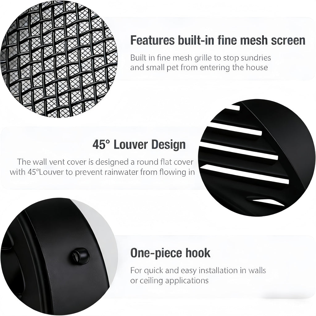 Black 2 Inches Round Aluminum Louver with Insect Screen L26707