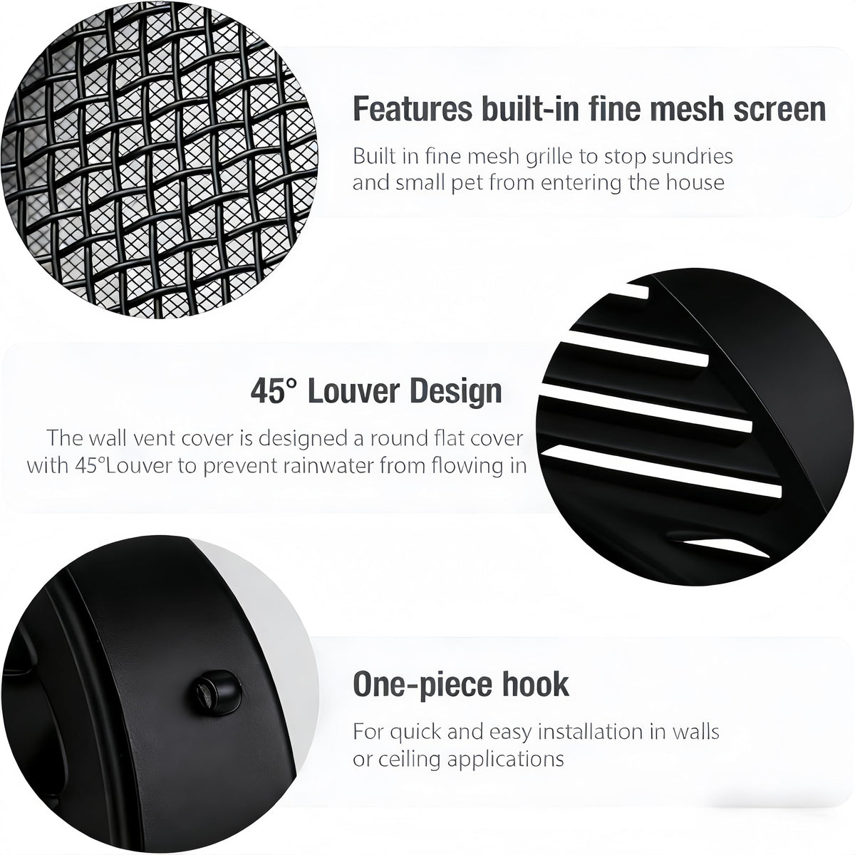 Black 2 Inches Round Aluminum Louver with Insect Screen L26707