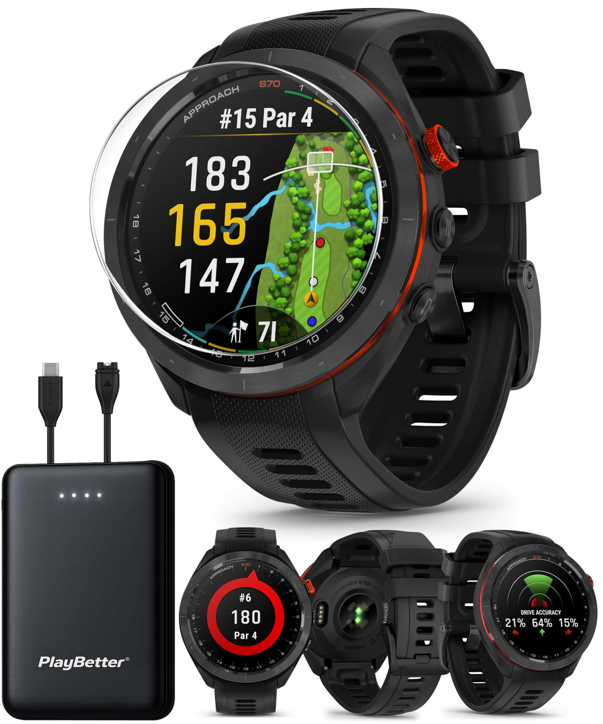Black 47mm Golf GPS Smartwatch O5284