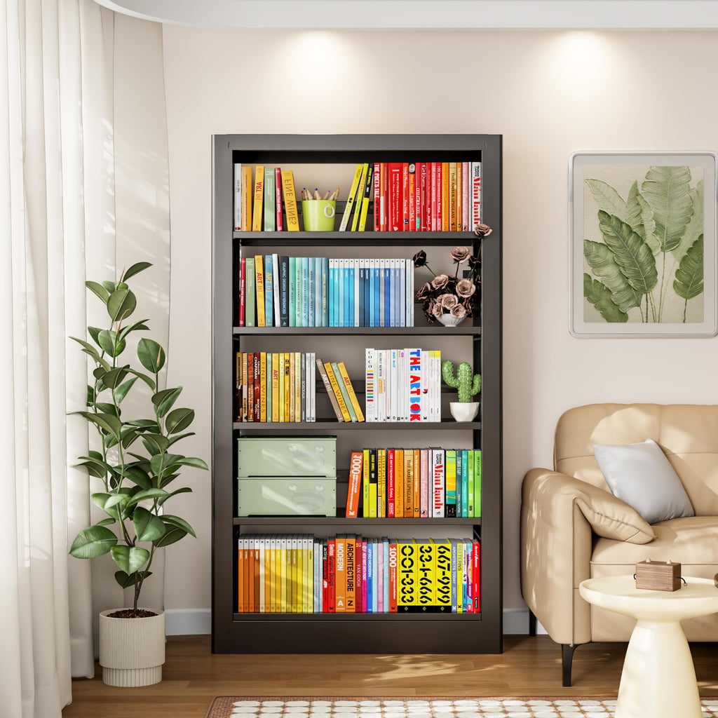 Black 5-Tier Metal Bookcase with Adjustable Shelves G339