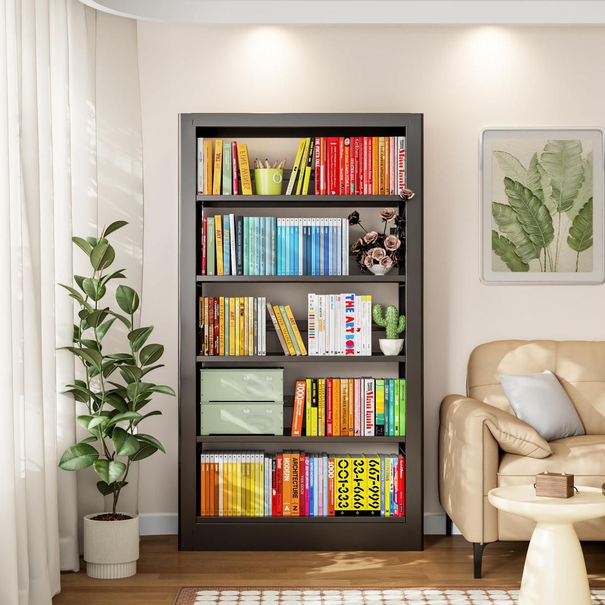 Black 5-Tier Metal Bookcase with Adjustable Shelves G339