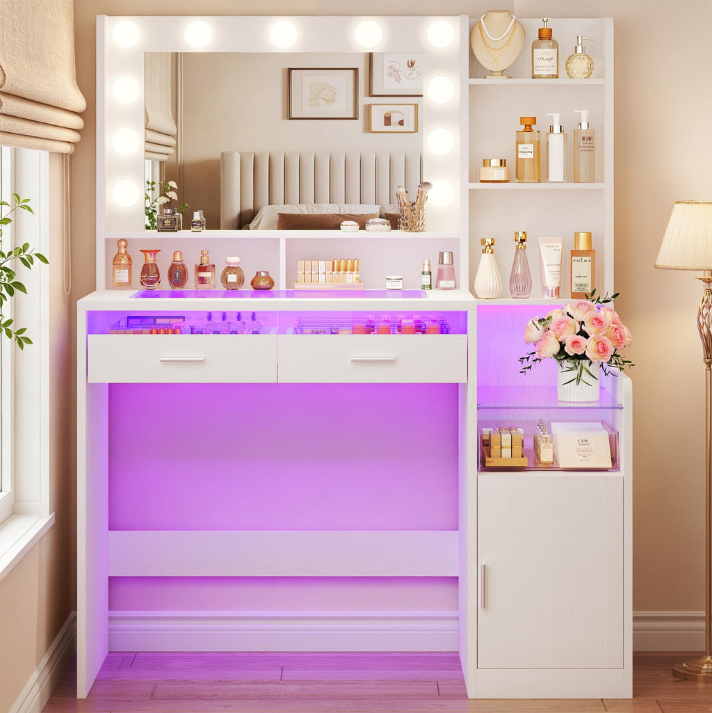 White Vanity Desk with Mirror and Lights I586987