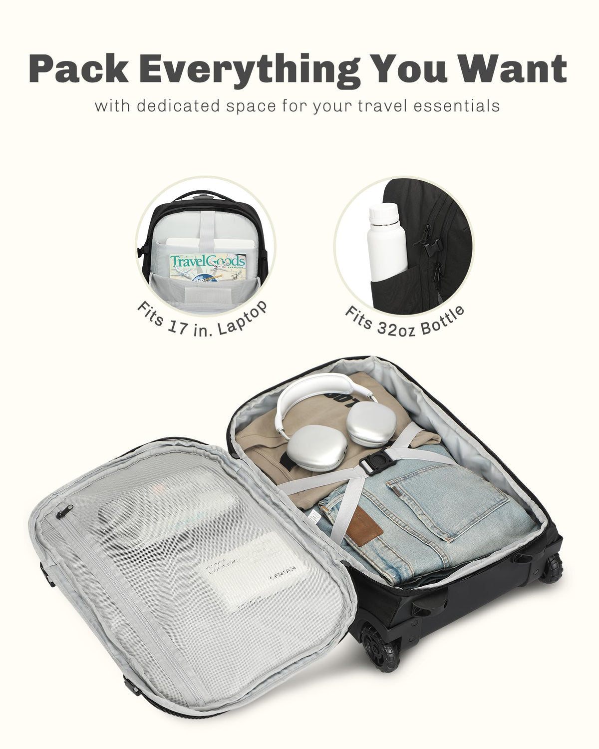 Rolling Backpack with Wheels 43L with Waist Pack Beige Q85132