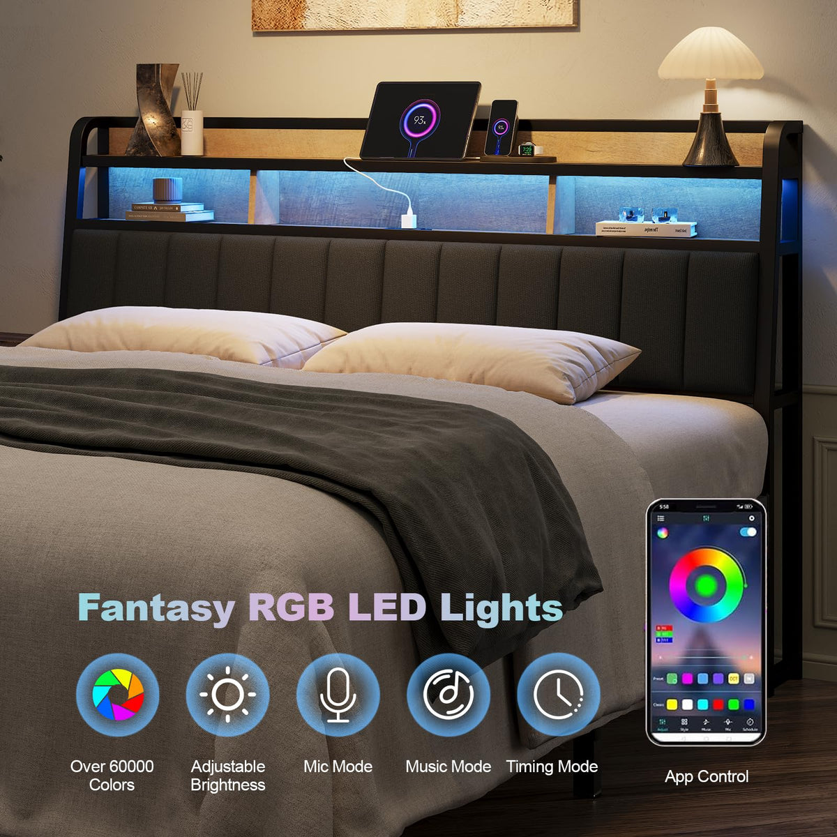 King Headboard with Storage and Charging Station R9432