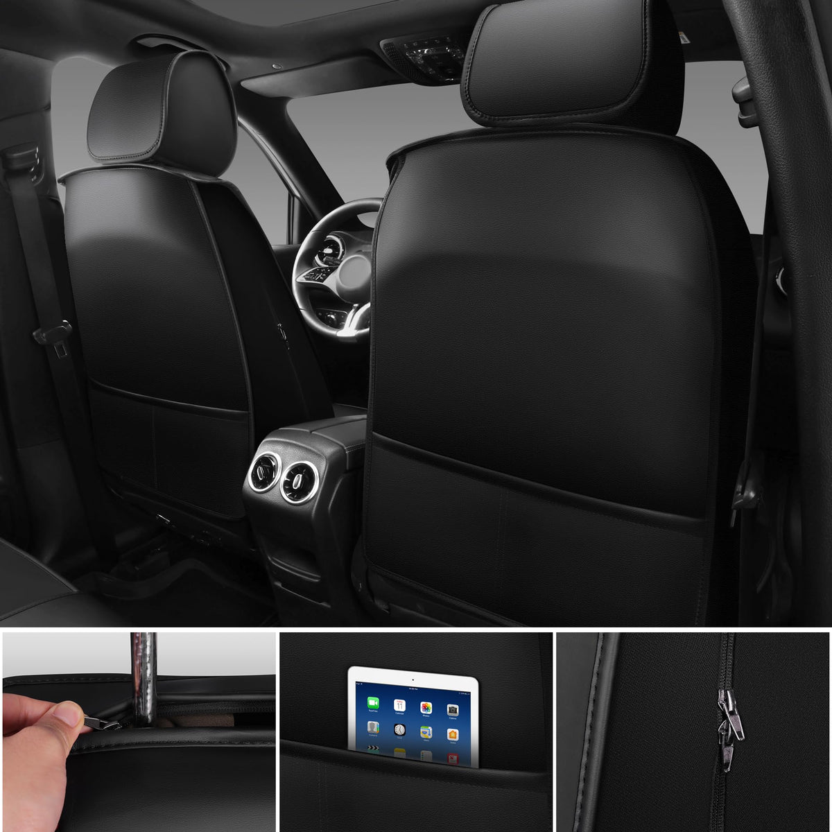 Nappa Leather Car Seat Covers Full Set, Waterproof Anti-Slip, Black E936