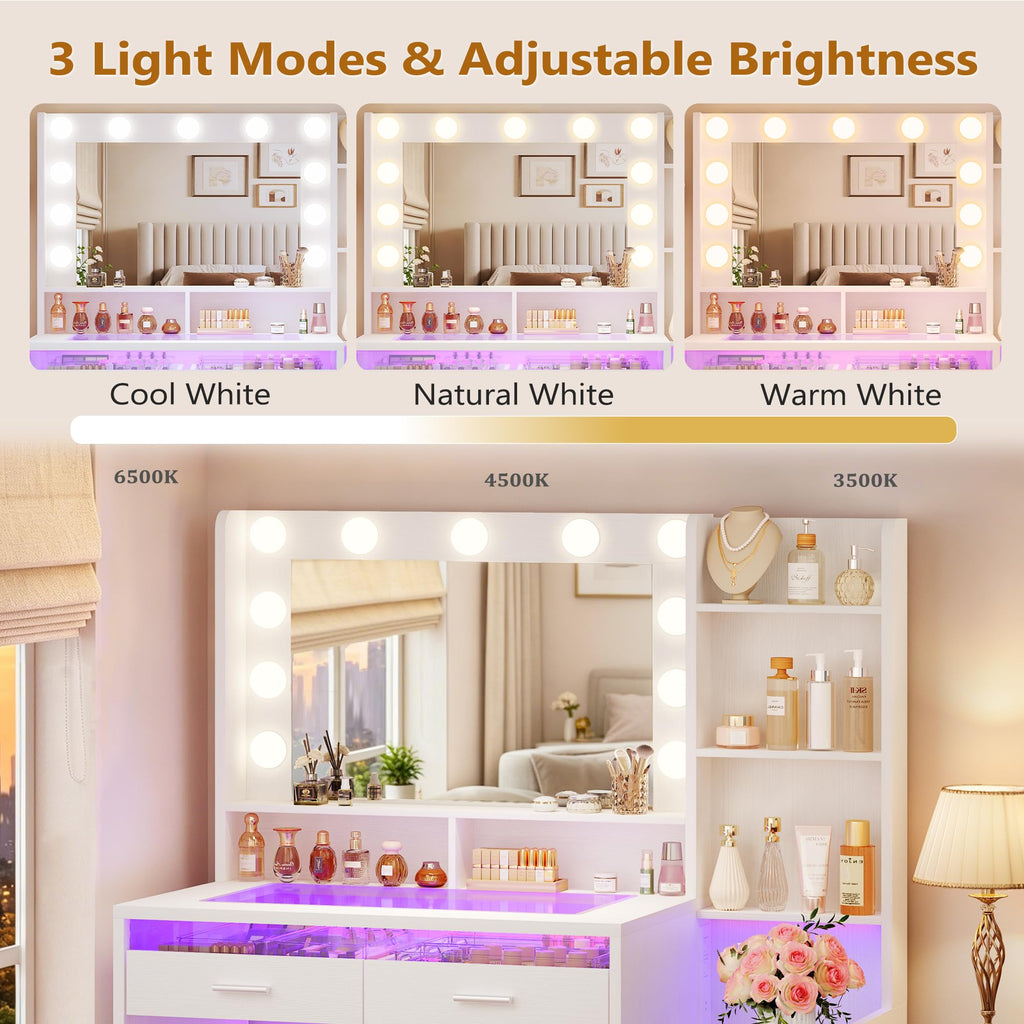 White Vanity Desk with Mirror and Lights I586987