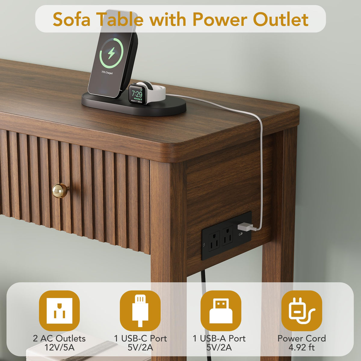 47'' Fluted Console Table with Charging Station & 3 Drawers N8486