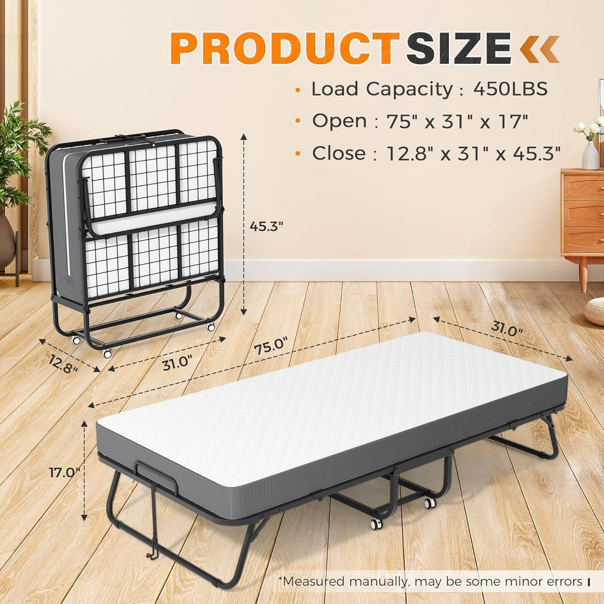 Foldable Single Bed with 5" Memory Foam Mattress and Wheels O96149