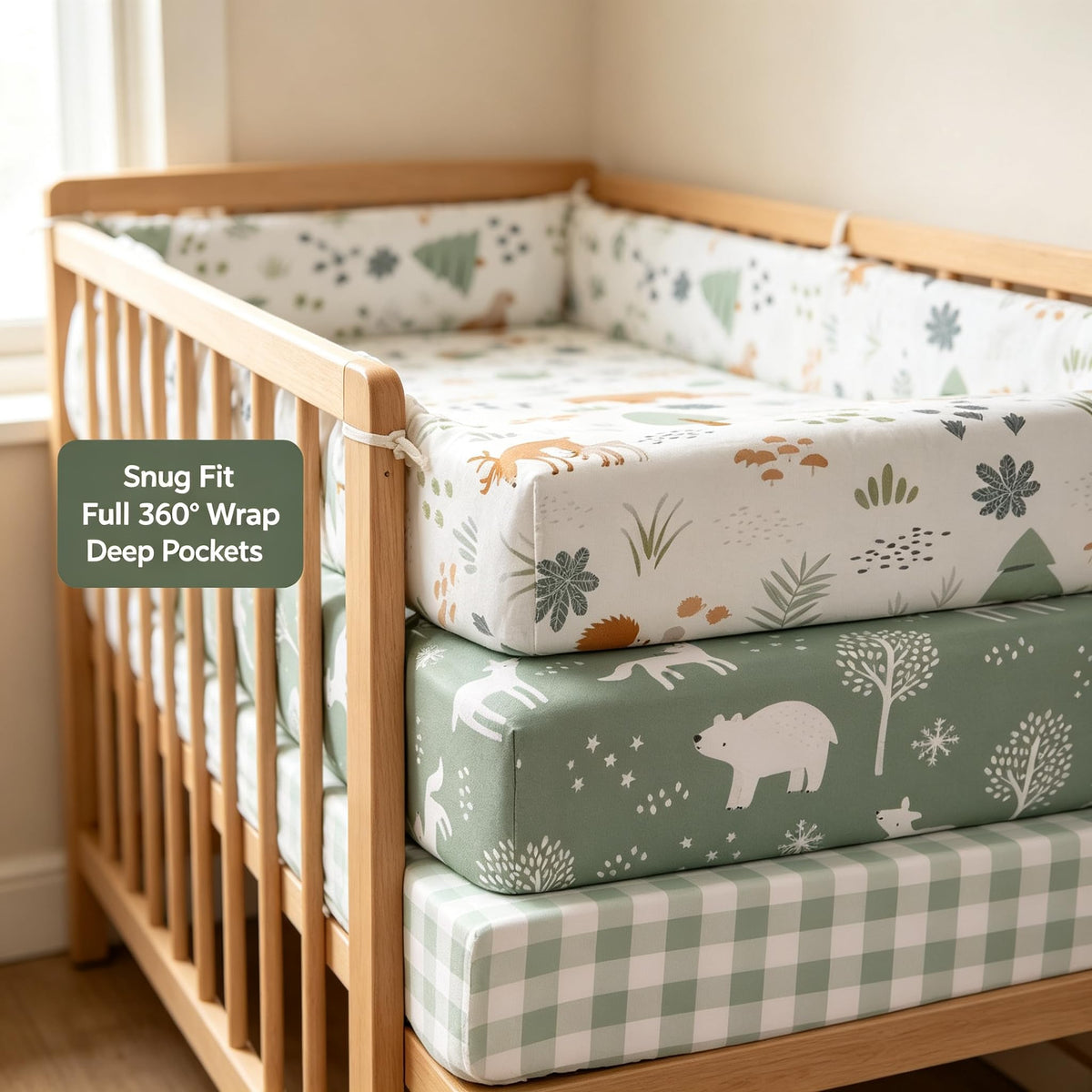 3 Pack Fitted Neutral Baby Crib Sheets B3730