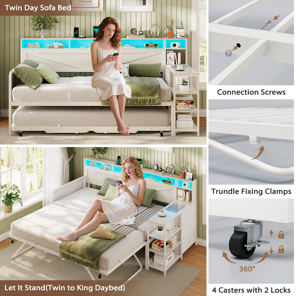 White Twin Wood Daybed with Trundle and 3 Storage Drawers W594