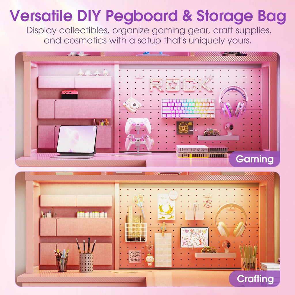 53" L Shaped Gaming Desk with Pegboard, Hutch & 4 Drawers, Pink E47827