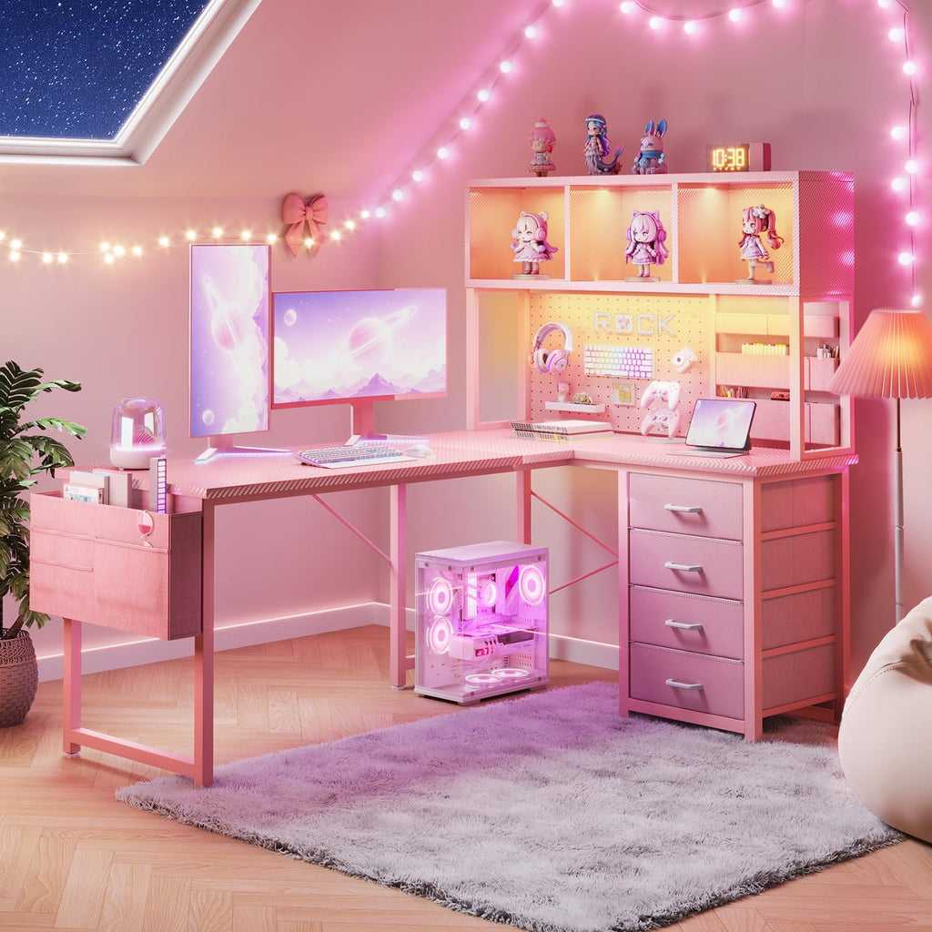 53" L Shaped Gaming Desk with Pegboard, Hutch & 4 Drawers, Pink E47827