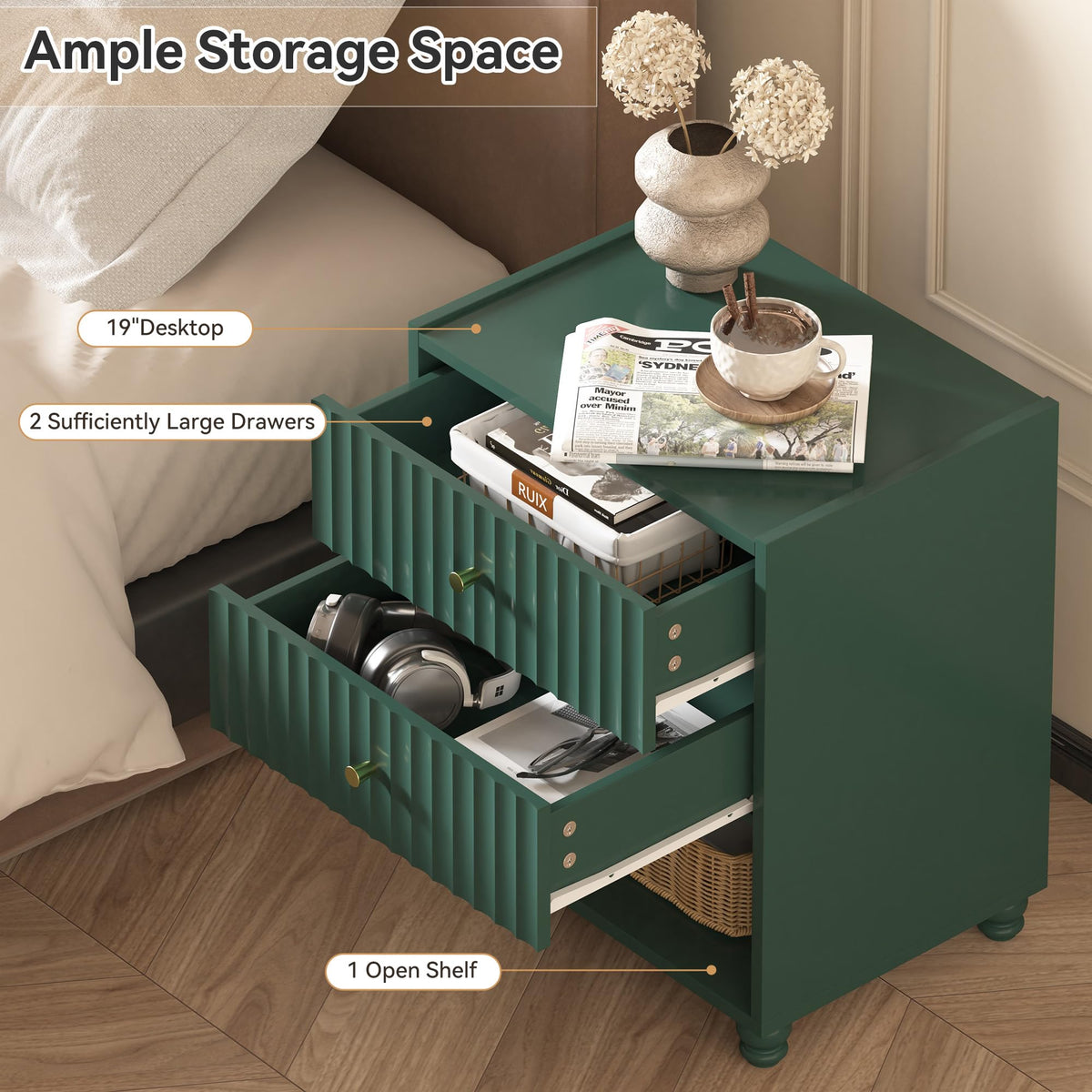 Green 2 Drawer Nightstand with Open Shelf V98071